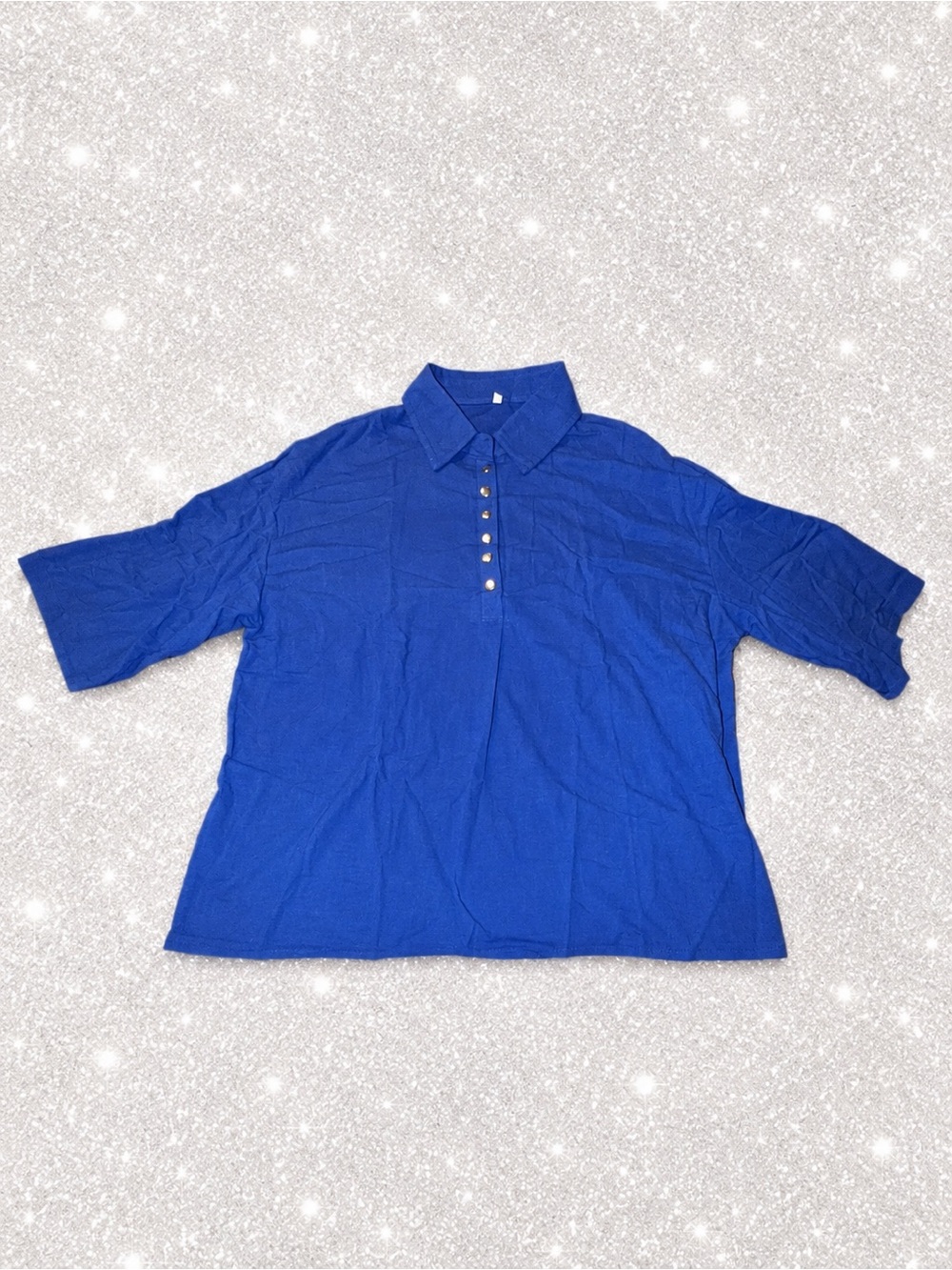 YOLAI Blue Cotton Linen Top Summer Gauze Shirts Button Down V Neck 3/4 Sleeve XL